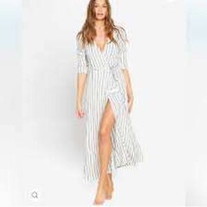 L SPACE Striped Wrap Maxi Dress Tie Waist Long Sleeve Gauzy M linen coverup